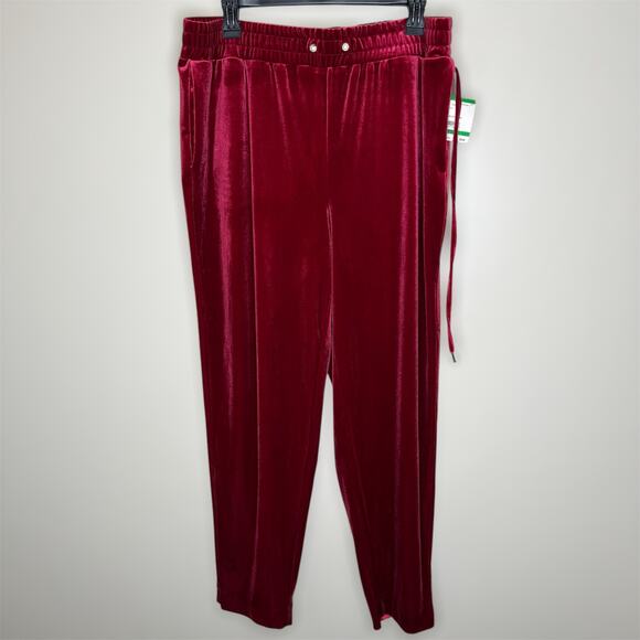 Anne Klein Velvet Pants LARGE Red Drawstring Pull On Holiday Casual Elastic NEW - Picture 1 of 8